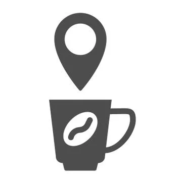 Cup of coffee with location solid icon. Map pin with mug and bean symbol, glyph Stock Illustration