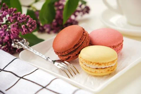 Cup of coffee with macaroons on a table with flowers Stock Photos