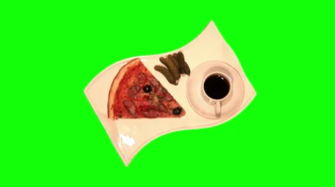 Cup of coffee, marinated cornichons, slice of pizza on tray Stock Footage 46502236