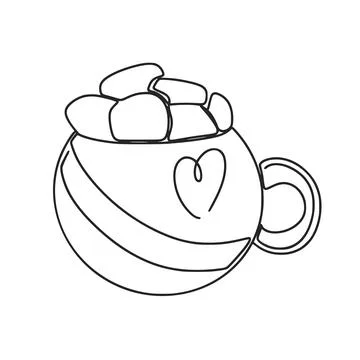 Cup of coffee with marshmallows line art Stock Illustration