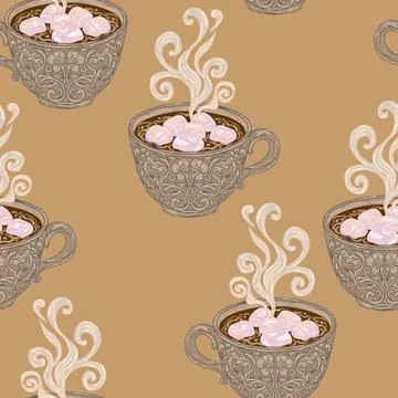 Cup of Coffee with Marshmallows Seamless Pattern. Vintage hand-drawn illustra Stock Illustration