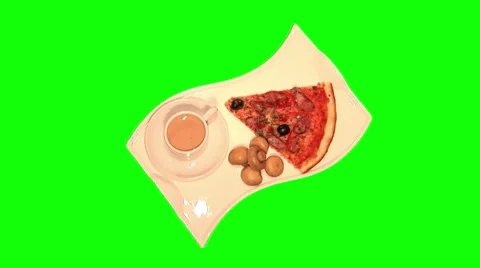 Cup of coffee with milk, marinated champignons, slice of pizza on tray Stock Footage 46502863