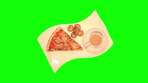 Cup of coffee with milk, marinated champignons, slice of pizza on tray 02 Stock Footage 46503306
