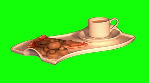 Cup of coffee with milk, marinated champignons, slice of pizza on tray Stock Footage 46505260