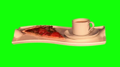 Cup of coffee with milk, slice of pizza on tray Stock Footage 46505841