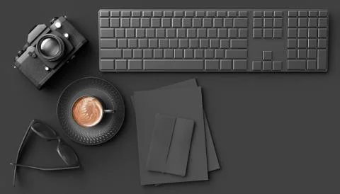 Cup of coffee next to the camera, keyboard and glasses on a black background Stock Illustration