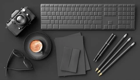 Cup of coffee next to the camera, keyboard and glasses on a black background Illustrazione stock