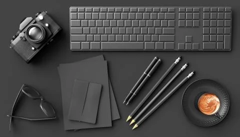 Cup of coffee next to the camera, keyboard and glasses on a black background Stock Illustration