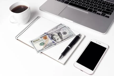Cup With Coffee, Notebook On Which Lie Two Hundred Dollars And S Stock Photos