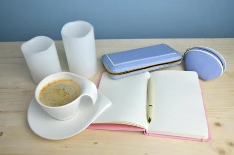 Cup of coffee, Notepad, Pen and Wallet Stock Photos