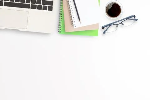 Cup of coffee with office tools on white background Foto stock