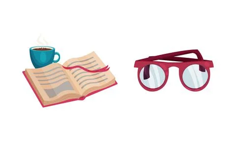 Cup of coffee, open book and spectacles cartoon vector illustration Illustrazione stock
