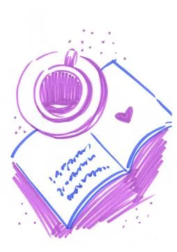 A cup of coffee or tea with a book, top view, drawing on a white background Stock Illustration