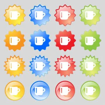 Cup coffee or tea  icon sign. Set from sixteen multi-colored glass buttons wi Stock Illustration