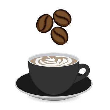 Cup of coffee with pattern and coffee beans, hot espresso and white background 스톡 일러스트