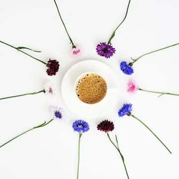 Cup  of coffee with pattern from petals of wildflower. Stock Photos