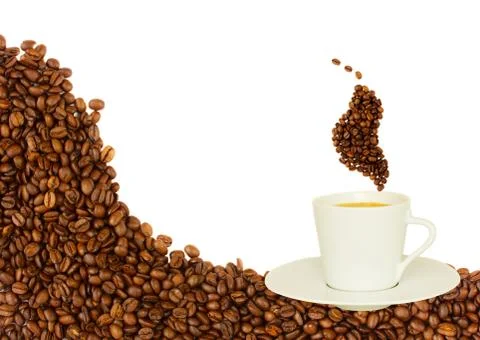 Cup of coffee on raw beans border isolated on white Stock Illustration
