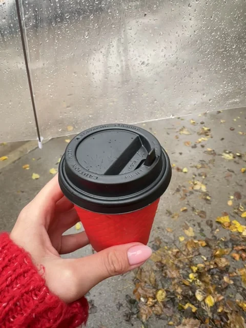 A cup of coffee in a red cup against the background of rain Stock Footage 258144856