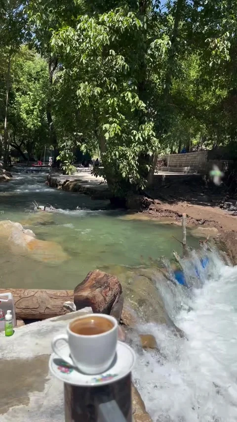 Cup of Coffee by Rushing River Stream Vídeos de archivo 340871962