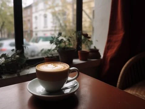 A cup of coffee on a rustic table with natural light Stock Photos