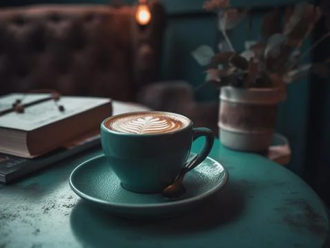 A cup of coffee on a rustic table with natural light Stock Photos