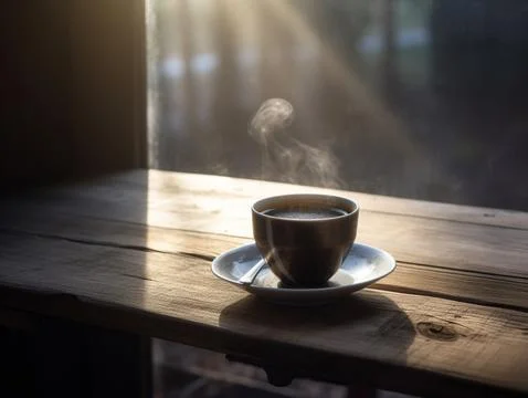 A cup of coffee on a rustic table with natural light Stock Photos