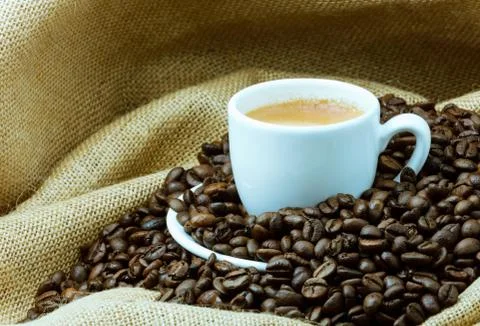 Cup of coffee on a sack Stock Photos