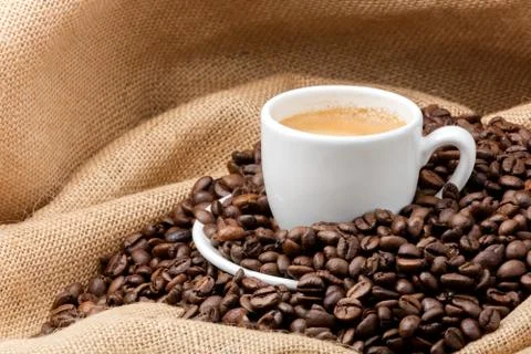 Cup of coffee on a sack Stock Photos