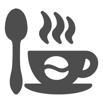 Cup of coffee on sauser, coffee bean and spoon solid icon, beverage concept, hot Stock Illustration