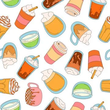 Cup of coffee seamless pattern in cartoon style. Hand drawn background coffee Stock Illustration