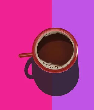 A cup of coffee is seen in a red mug and is surrounded by vibrant colors in a Illustrazione stock