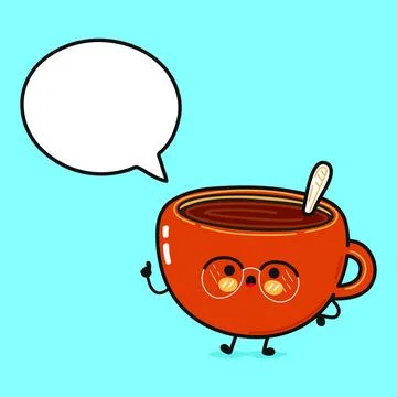 Cup of coffee with speech bubble. Vector hand drawn cartoon kawaii characte.. Stock Illustration