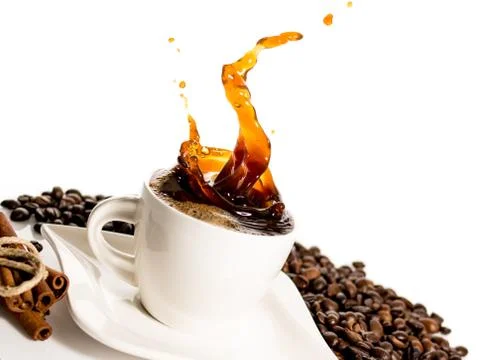 Cup of coffee splash Stock Photos