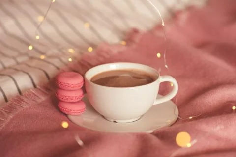 Cup of coffee with stack of cookies in bed close up. Good morning. Valentines Stock Photos