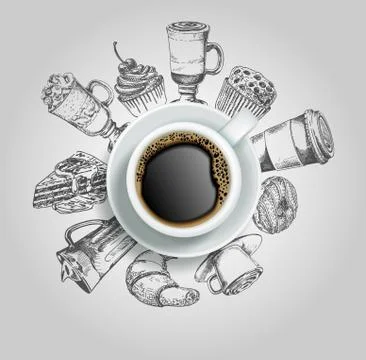 Cup of coffee with sweets vector creative illustration Stock Illustration
