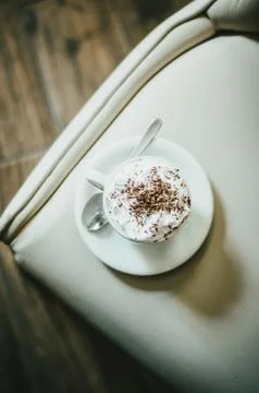 Cup of coffee on table in cafe Stock-Fotos