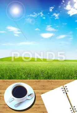 Cup of coffee on the table with the sky Stock Illustration