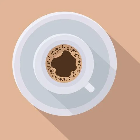 Cup of coffee top view. Flat style with long shadow. White, grey, brown, blue Stock Illustration