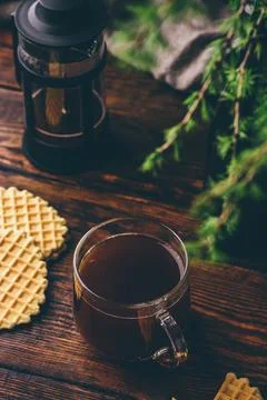 Cup of coffee with waffles Stock Photos