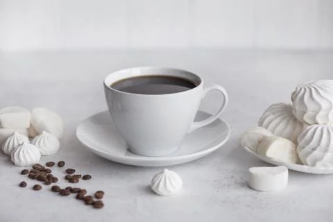 Cup of coffee on white background. Marshmallows Stock Photos