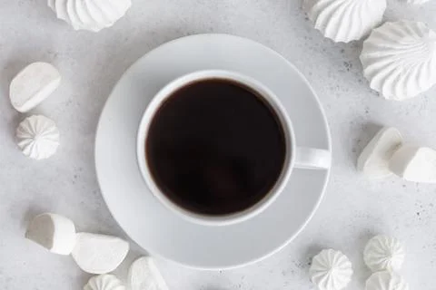 Cup of coffee on white background. Marshmallows Stock Photos