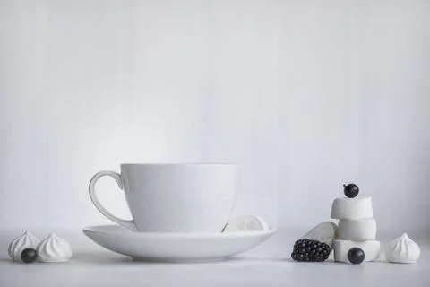 Cup of coffee, white background. Marshmallows Stock Photos