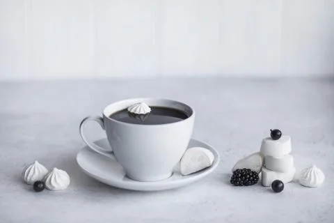 Cup of coffee, white background. Marshmallows Stock Photos