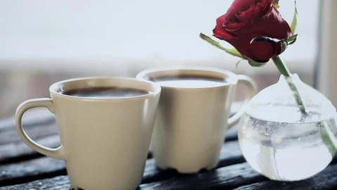 Cup of coffee on wooden table background Stock Footage 73220567