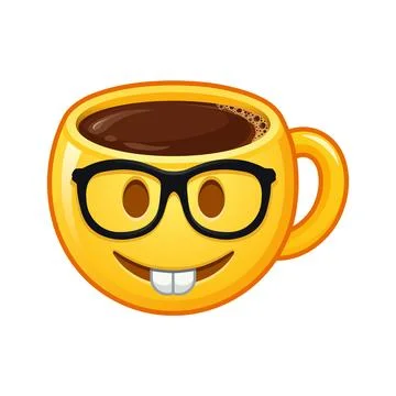 Cup of coffee yellow emoji with nerd face Stock Illustration