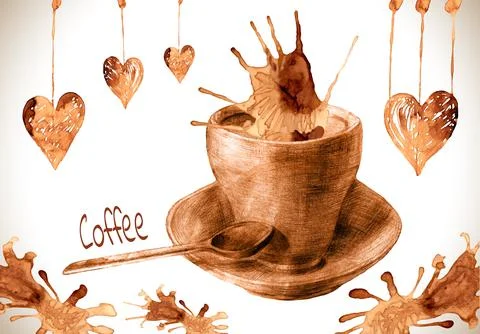 Cup drawn pour coffee with splashes and blots. Stock Illustration