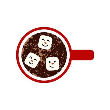 Cup with drink and marshmallows cute face character view top. Flat style. Des Illustration