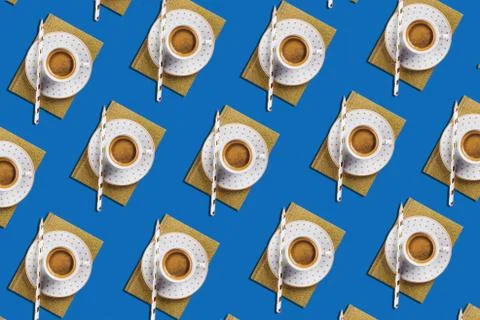 Cup of espresso coffee flat lay pattern on classic blue Stock Photos