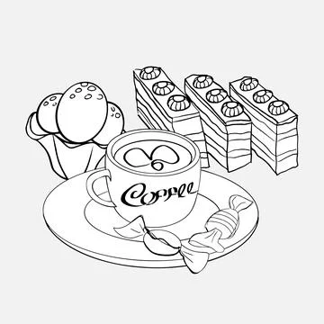 A cup of espresso on a platter with different desserts. Stock-Illustration