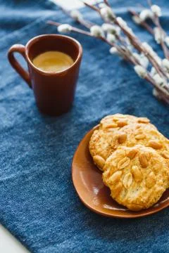 A cup of espresso on a table with cookies Stock Photos